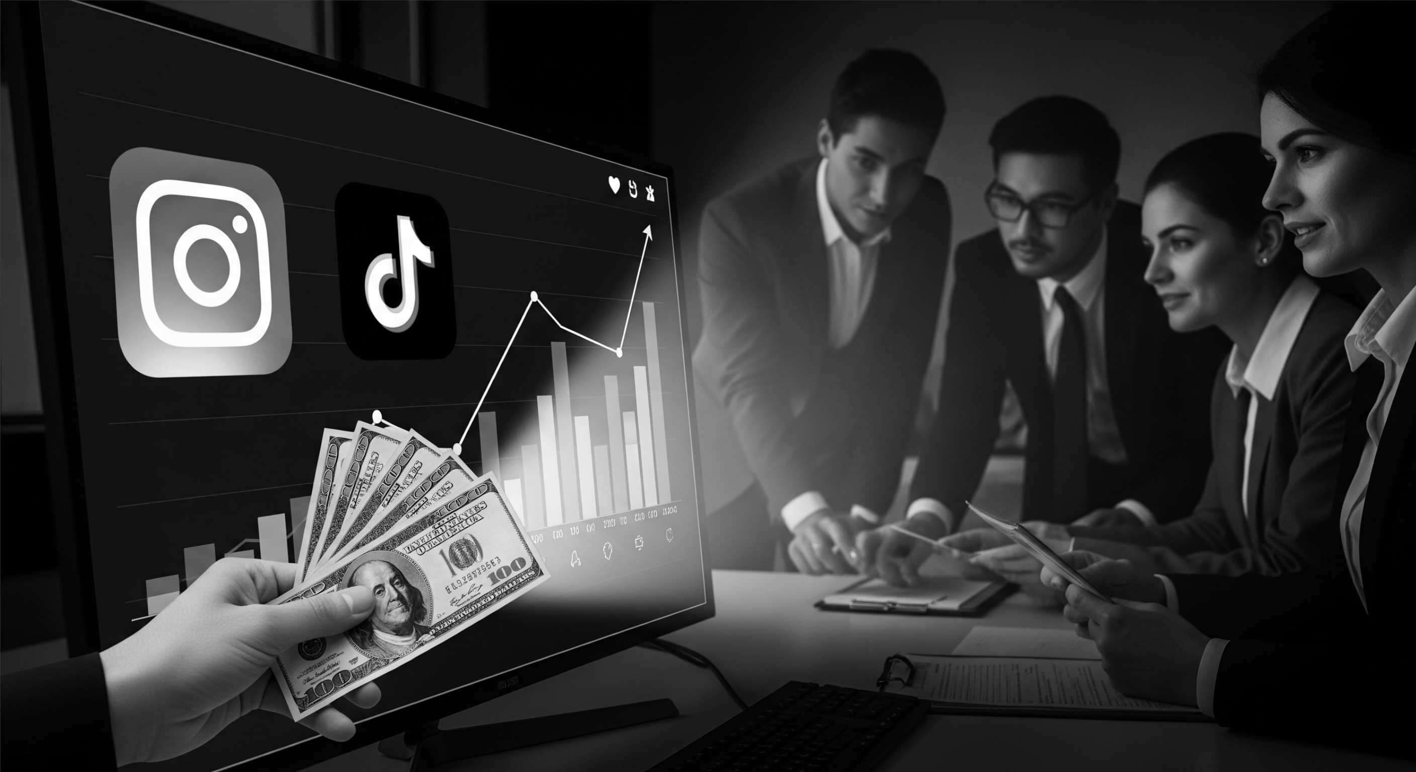 Equipo de marketing digital con expertos en redes sociales analizando gráficos de crecimiento y resultados tangibles para un negocio ético.